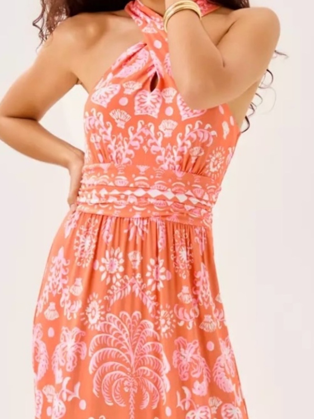 Lilly Pulitzer Montecito Halter Maxi Dress Papaya Breezy Palm Engineered Print - Picture 4 of 10